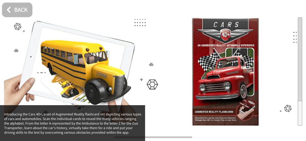 4D+ - A 3D yellow school bus appearing on a tablet screen via the Cars 4D plus augmented reality app and flashcard set