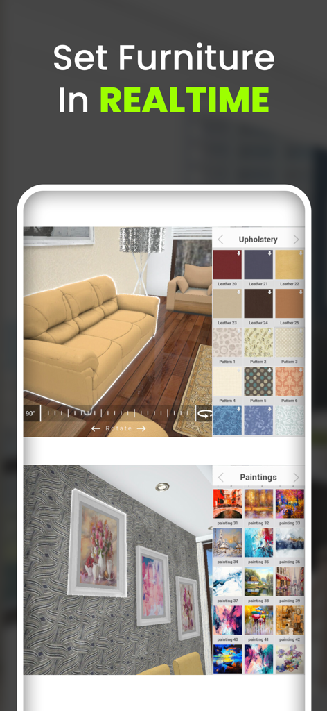 Interfaz de Home Design 3D Designverse que muestra la personalización en tiempo real de la tapicería de muebles y las pinturas de paredes