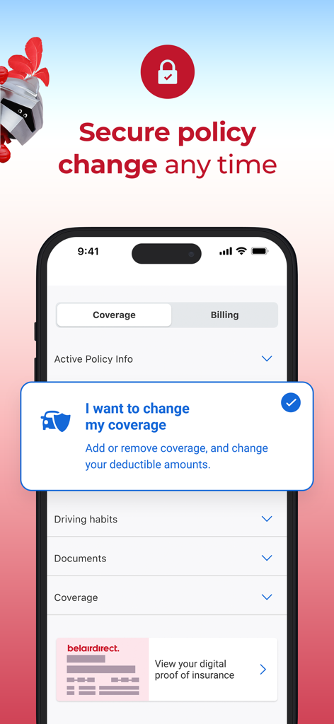 iPhone screen displaying the belairdirect app interface for securely managing and changing insurance policy coverage
