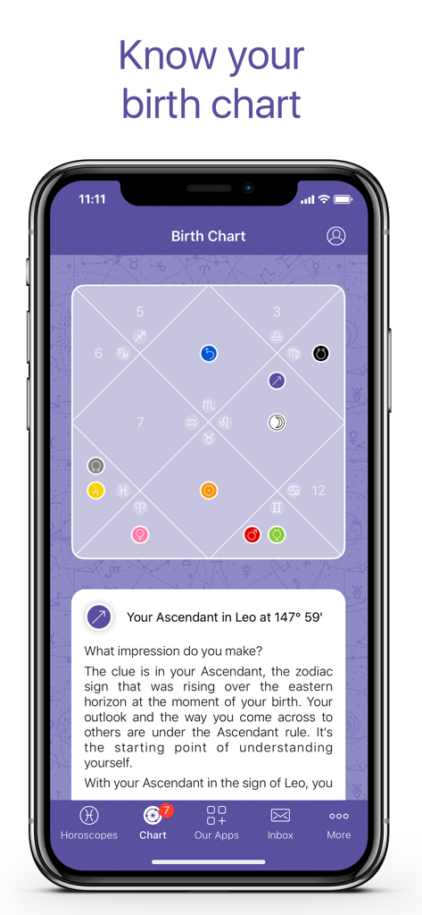 Screenshot of the Yodha app showing a detailed Vedic birth chart and Ascendant in Leo description.
