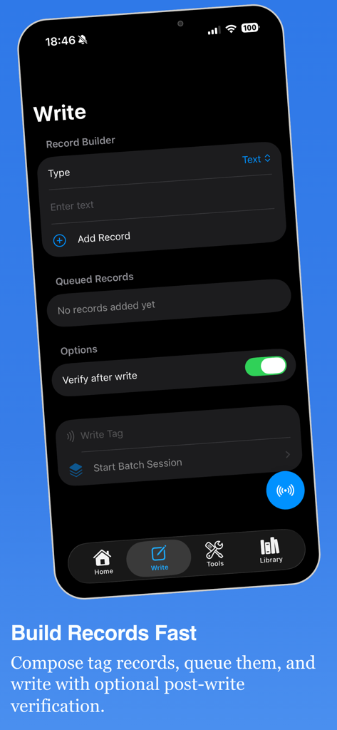 NFC Studio - NFC Studio app Write screen for building and writing NFC tag records