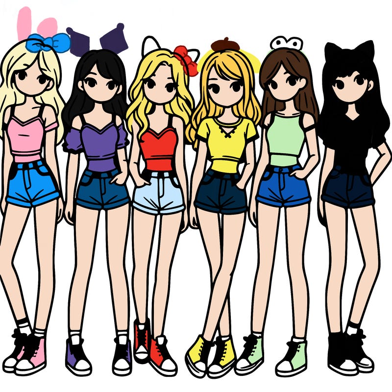 a group of girls wearing crop tops and shorts