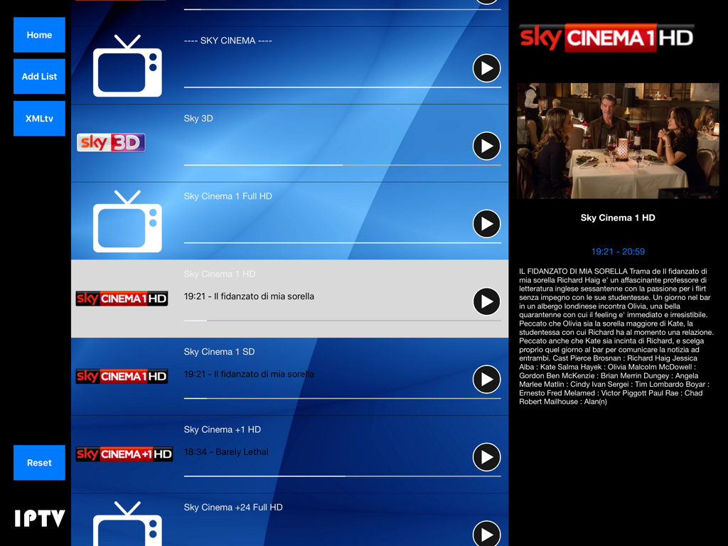 Iptv HD - Iptv HD app screen showing a list of movie channels and electronic program guide information