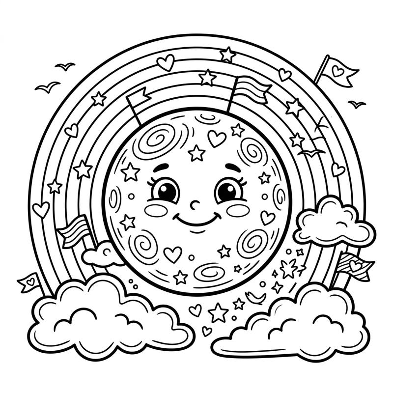 This delightful coloring page features a happy full moon celebrating Pride Month, surrounded by symbols of love and diversity. Perfect for kids, it offers a fun and educational way to explore creativity while honoring inclusivity.