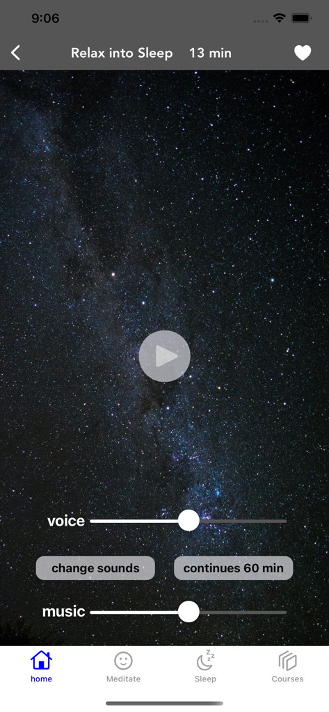 Meditation Oasis: Simply Being - Simply Being app sleep meditation screen featuring separate volume sliders for voice and music over a starry night background.