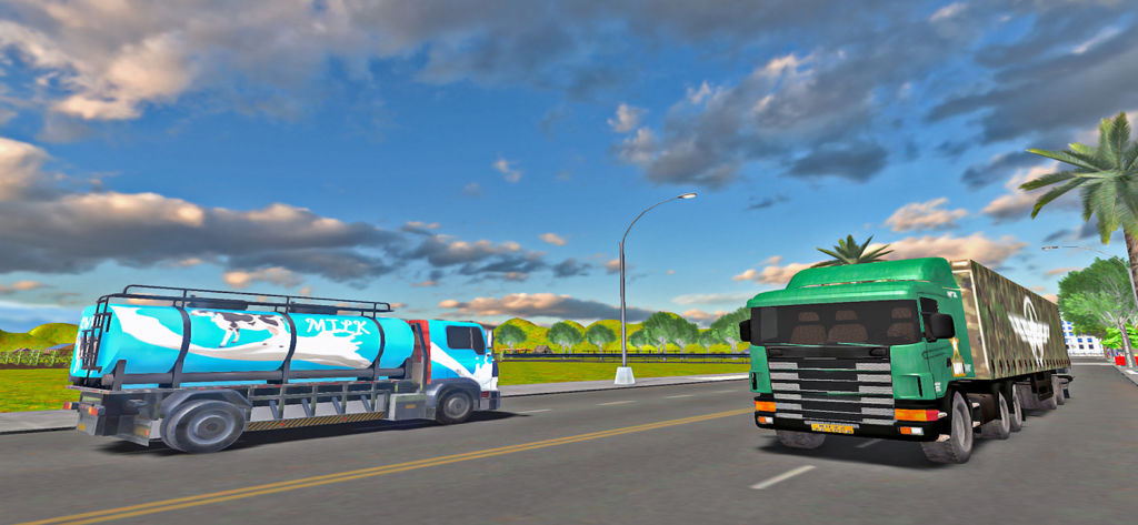 US Cargo Truck Simulator Game - A milk tanker and a green cargo truck driving on a highway in a truck simulator game