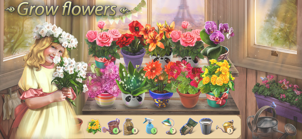 Una niña con una corona de flores de pie junto a coloridas plantas en macetas en un minijuego de jardín en un balcón parisino