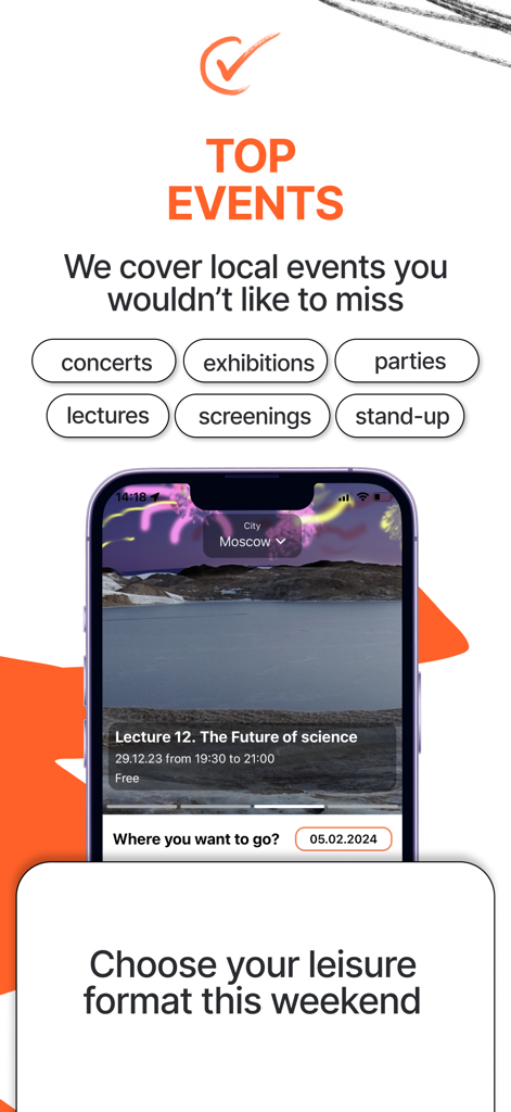 UPTOWN - map of places in town - Screenshot of the UPTOWN app showing a selection of local events including concerts, exhibitions, and lectures