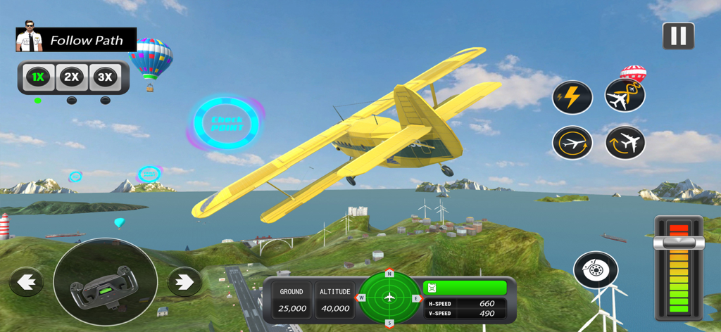 Yellow biplane flying through a checkpoint hoop over a scenic island in Aircraft Flight Simulator 2024.
