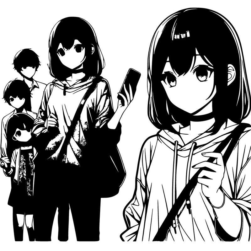 realistic picture of an anime girl with dark brown hair tall and holding a phone in one hand and then hugging a shorter girl next to her and then another boy next to the shorter girl and then a toddler girl