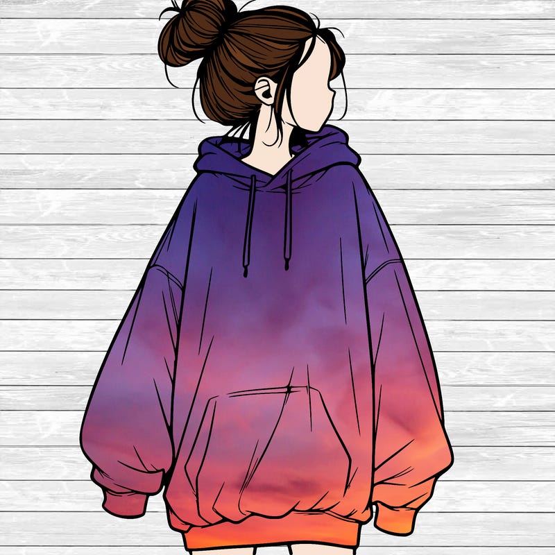 realistic girl with a oversized sweatshirt on and a bun
