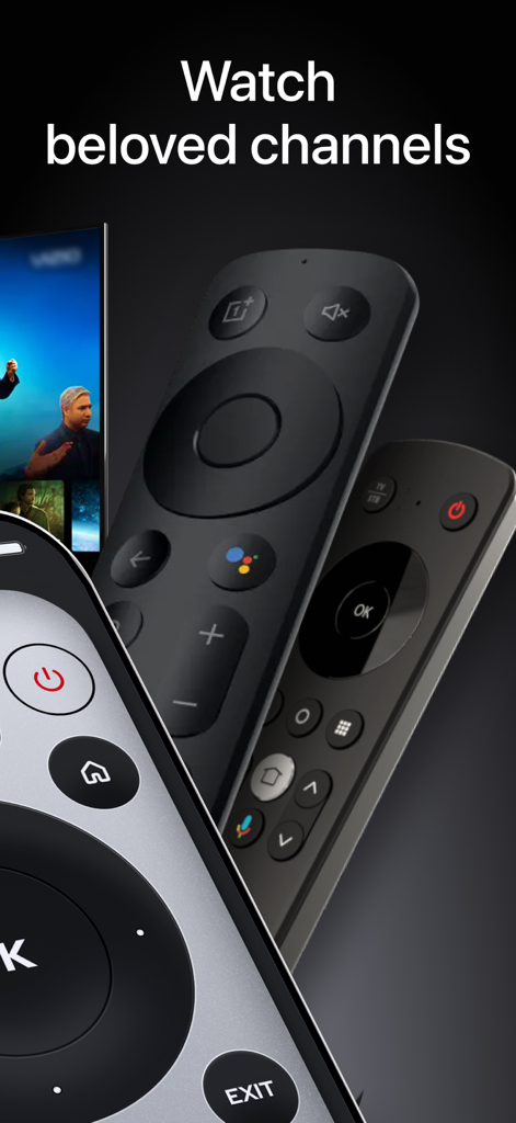 TV Remote・Universal Control #1 - Una interfaz de control remoto de TV digital en la pantalla de un iPhone junto a varios controles físicos con el texto Ve tus canales favoritos