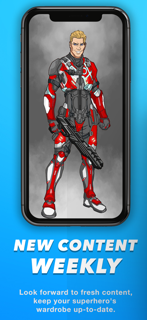 Mobile app screen showing a male superhero in red armor holding a blaster with a headline about weekly new content updates