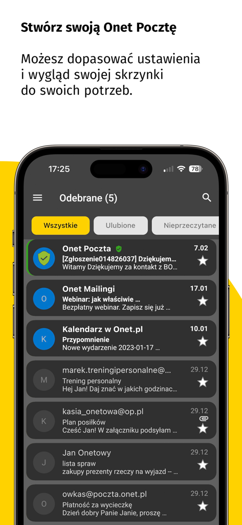 Onet Poczta - Onet Poczta email inbox displayed on a smartphone screen in dark mode