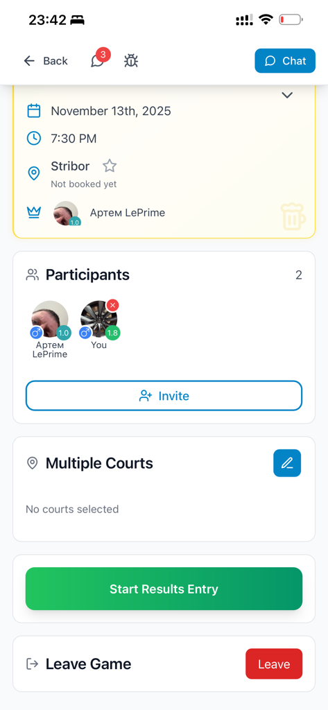 Bandeja Padel - Interface do aplicativo Bandeja Padel mostrando informações da partida, participantes e opções de entrada de resultados
