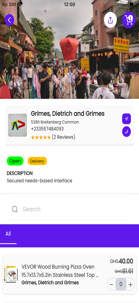 Interfaz de la aplicación Glover que muestra un perfil de tienda para Grimes Dietrich y Grimes con una lista de productos de horno de pizza