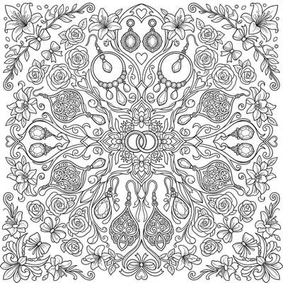 Discover an exquisite wedding-themed mandala featuring intricate bridal earrings and romantic floral designs. This elegant coloring page invites you to celebrate love and creativity with every stroke.