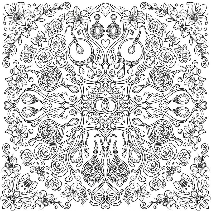 Discover an exquisite wedding-themed mandala featuring intricate bridal earrings and romantic floral designs. This elegant coloring page invites you to celebrate love and creativity with every stroke.