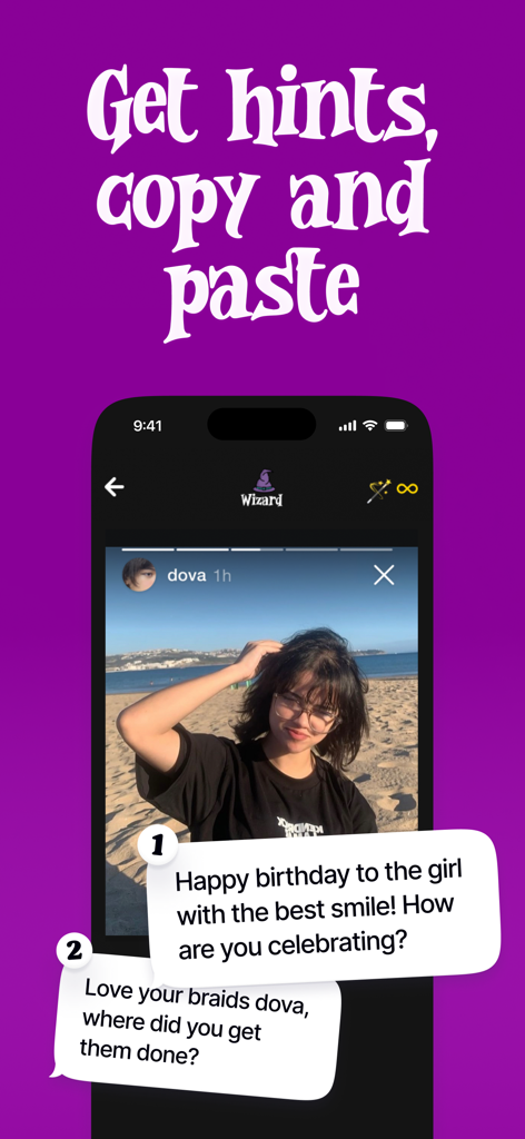 Social Wizard - up ur game - Social Wizard app interface providing AI generated chat responses for a dating app conversation