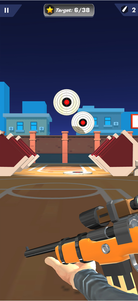 Shooting Master 3D Sniper Game - first person view of a sniper rifle aiming at bullseye targets in an urban setting