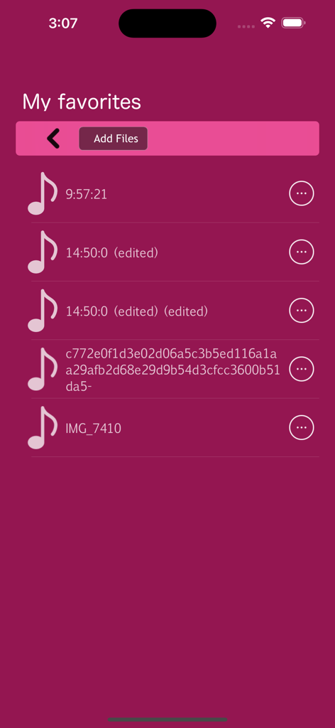 Audio Player - Play Music - My favorites screen in the Audio Player app showing a list of saved local music files and an add files button