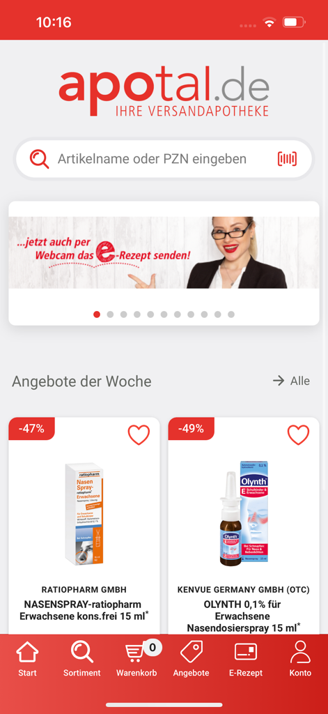 Pantalla de inicio de la aplicación de farmacia apotal.de que muestra ofertas semanales y la función de búsqueda