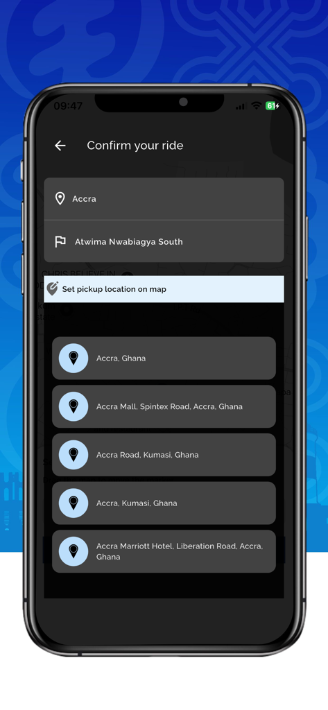 Shaxi - Mobile interface of Shaxi app for ride confirmation and location selection.