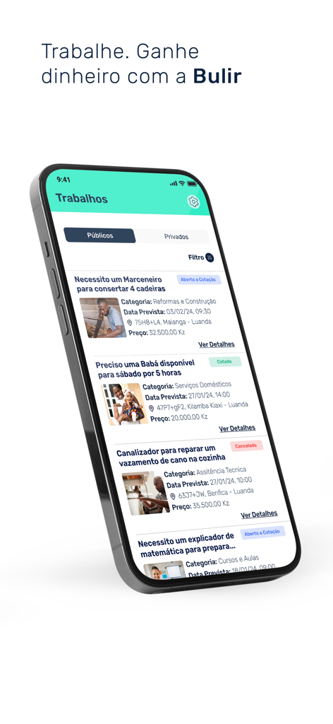 Bulir Prestador - A smartphone displaying a list of various service jobs like carpentry, babysitting, and plumbing on the Bulir Prestador app.