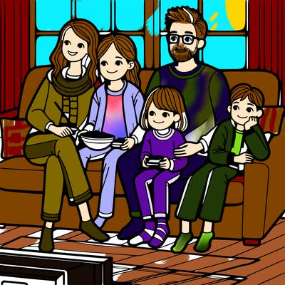 mom,dad,sister,and brother,hanging out at a comfy couch watching a movie