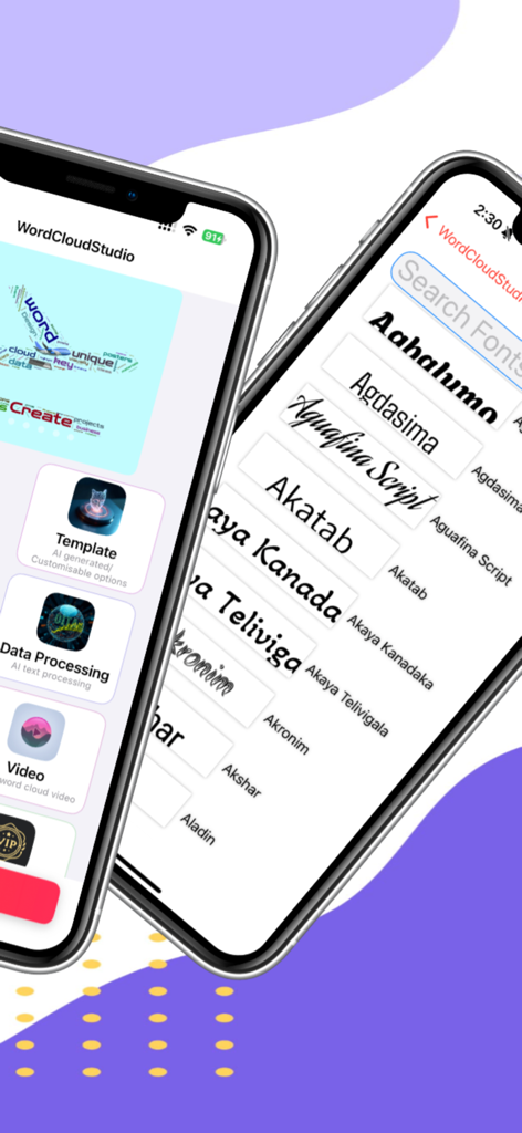 WordCloudStudio - WordArt Tool - Two iPhones showing the WordCloudStudio app interface with main features and a list of creative fonts