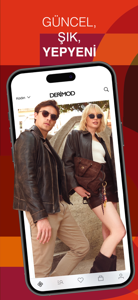 Derimod - Smartphone displaying the Derimod mobile app with models in leather jackets
