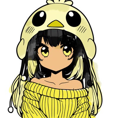 anime girl with chick shaped hat with sweater with bare shoulders with bangs covering them one eye with low tail