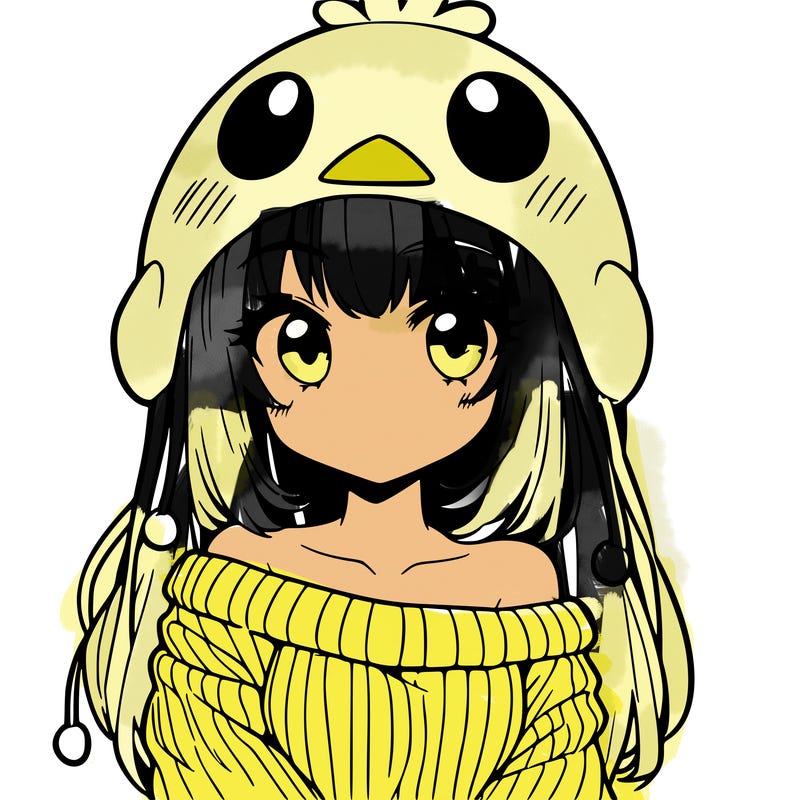 anime girl with chick shaped hat with sweater with bare shoulders with bangs covering them one eye with low tail