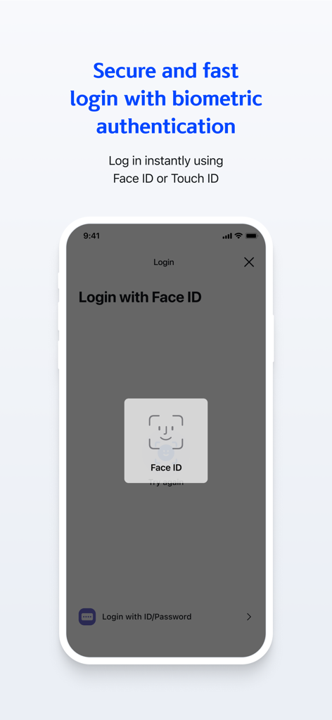 Shinhan Bank America - Shinhan Bank America app login screen featuring Face ID biometric authentication