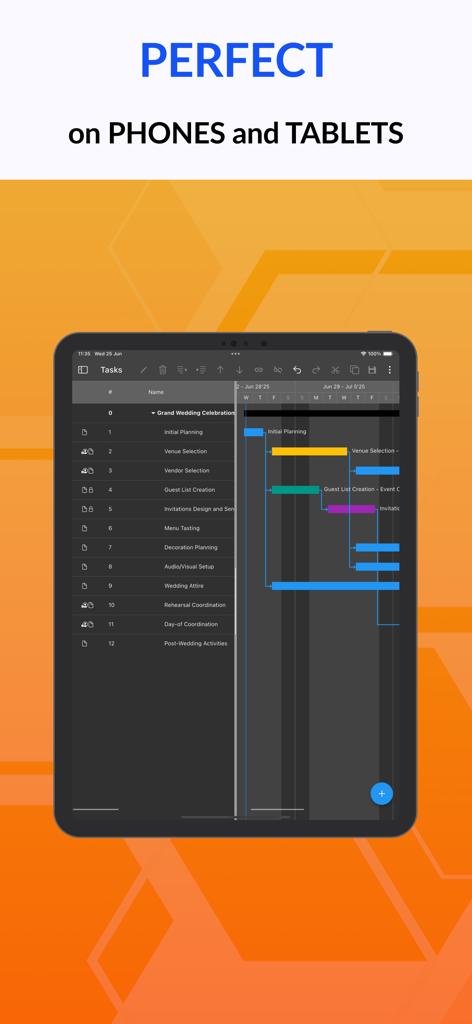 Gantt chart AI planner Ingantt - Interface de l'application Ingantt sur une tablette montrant un diagramme de Gantt pour la planification de mariage