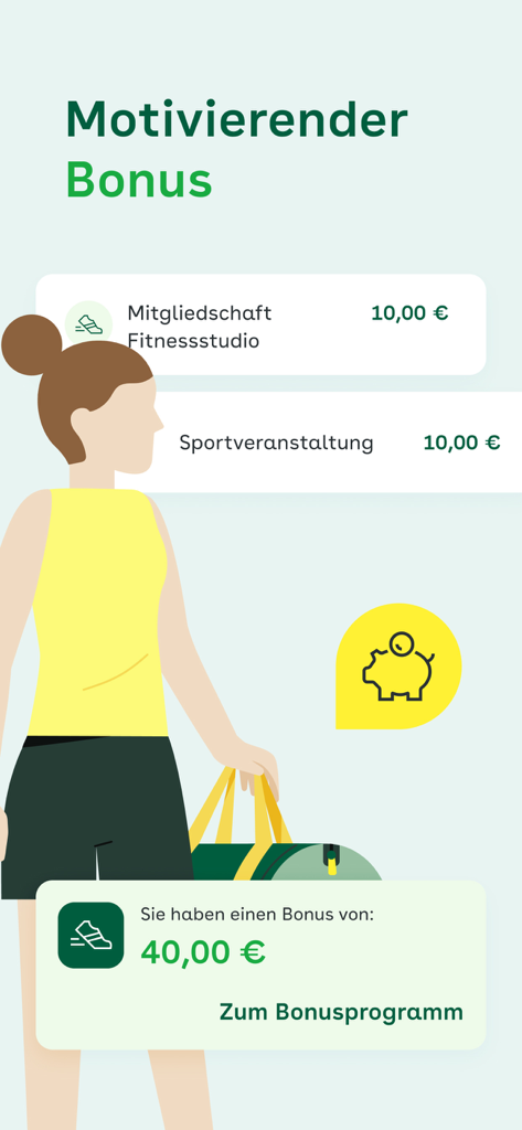 Meine AOK - Una pantalla de la aplicación Meine AOK que muestra recompensas financieras por membresía de gimnasio y eventos deportivos