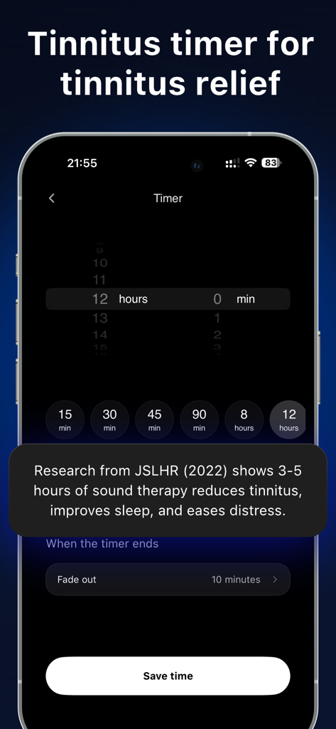 TinniSound: Tinnitus Relief - A screenshot of the TinniSound app's timer screen showing customizable sound therapy durations and a fade out option for sleep relief.