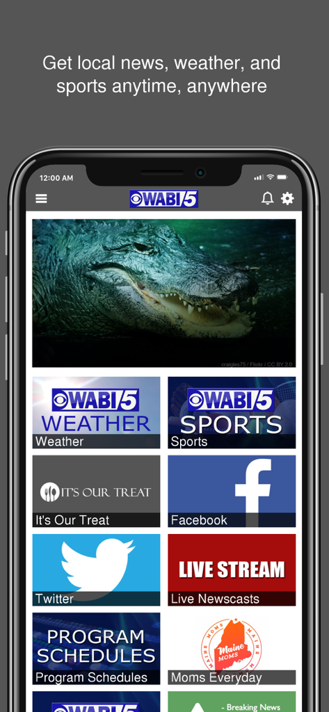 WABI 5 - WABI 5 mobile news app interface showing tiles for local Maine weather sports and live news