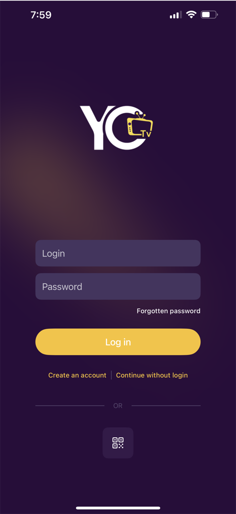 Login screen for YOTVChannels mobile app featuring a purple background with a yellow login button and a QR code scanner option.