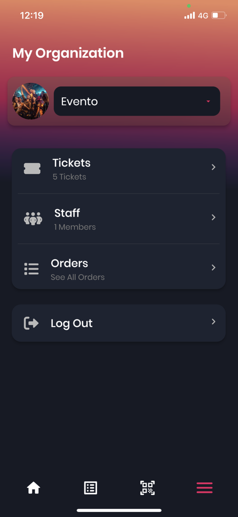 Tick'It Manager - Dashboard of the Tick'It Manager app showing management options for tickets, staff, and orders for an event organization.