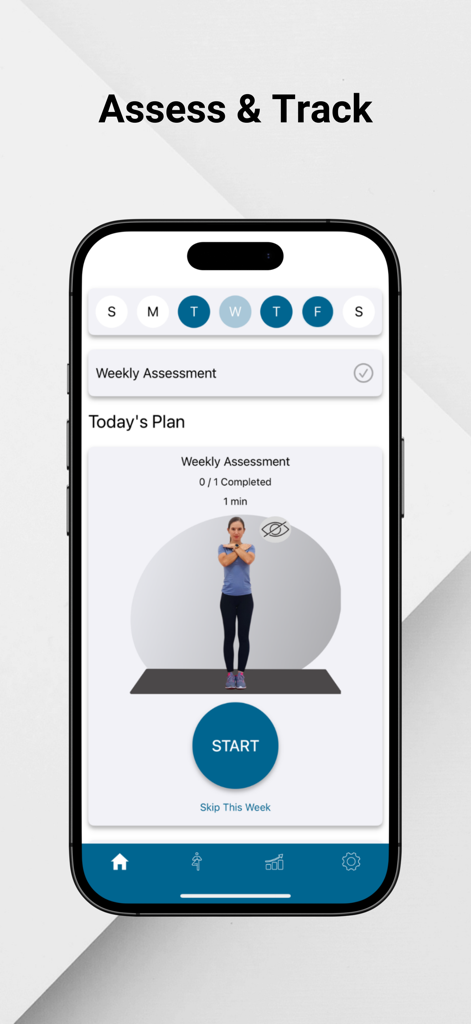 Aspire Connect - Interface of the Aspire Connect app showing a weekly balance assessment plan and a start button