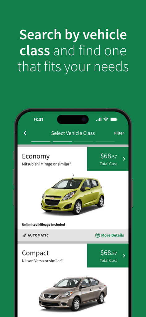 Enterprise Rent-A-Car - Interface of the Enterprise Rent-A-Car app showing vehicle class options like Economy and Compact with pricing.