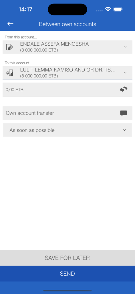 Awash-Online - Awash-Online app interface for transferring funds between own accounts with balance displayed in ETB