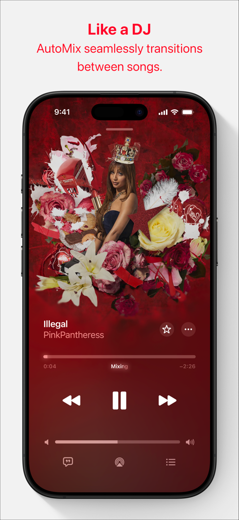Apple Music app interface on iPhone displaying the AutoMix feature for seamless song transitions.