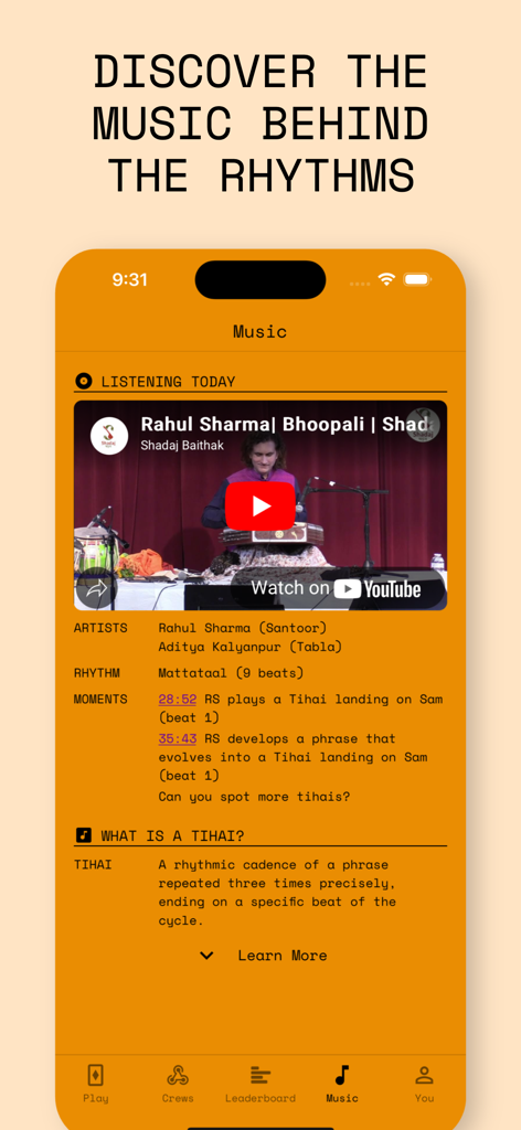 Screenshot of the Time Hero app's music discovery section featuring a video of a Santoor performance and educational notes on Indian classical music rhythms.