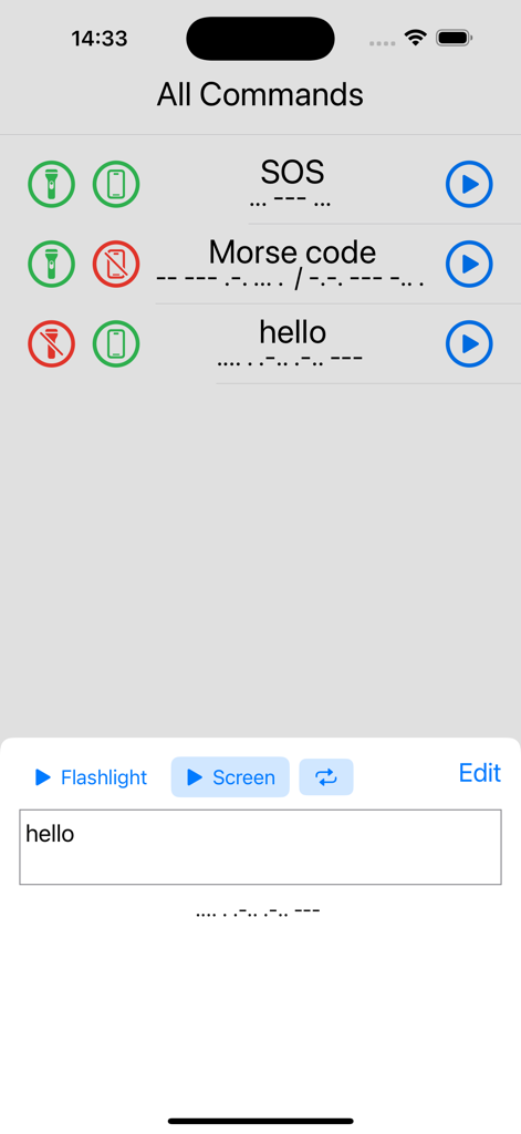 Morse Code Light - Interface of the Morse Code Light app showing a list of saved signal commands including SOS and hello with toggle options for flashlight and screen playback