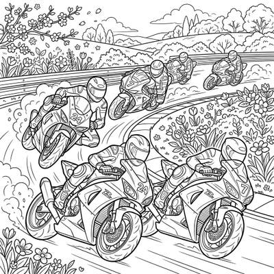 Ignite your artistic engines with this dynamic superbike coloring page, capturing racers in full throttle amidst a beautiful spring setting. Perfect for speed enthusiasts and nature lovers alike, this scene offers a thrilling blend of action and vibrant seasonal beauty.