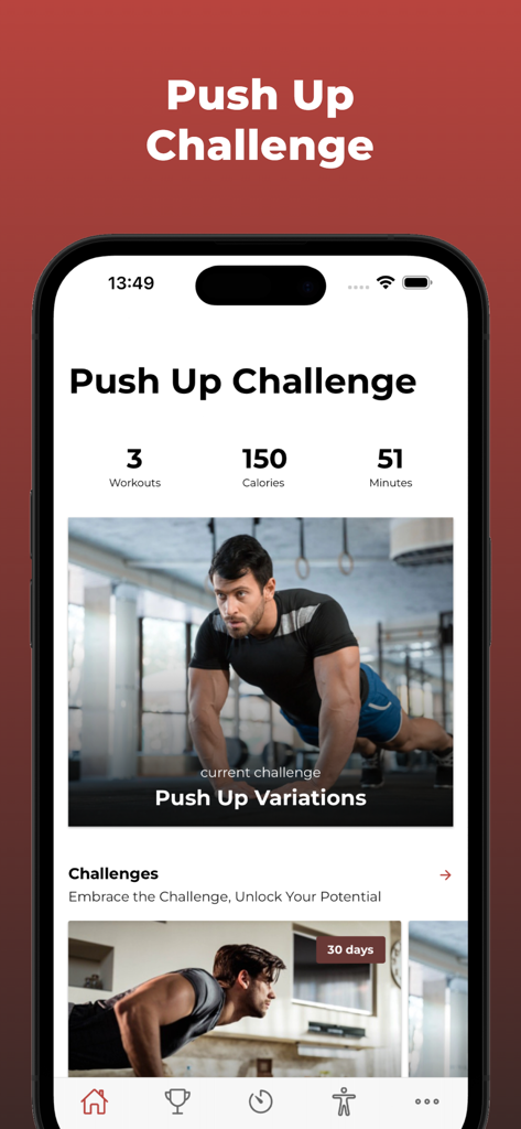 Dashboard dell'app Sfida dei 30 Giorni di Piegamenti che mostra i progressi dell'allenamento e le statistiche del monitoraggio delle calorie