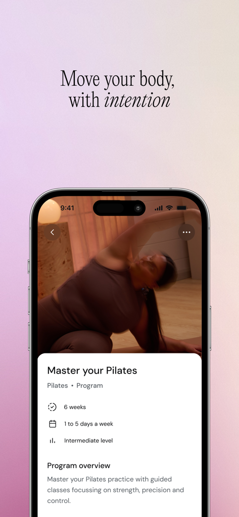 Pilates workout program screen on the KIC Wellness mobile app