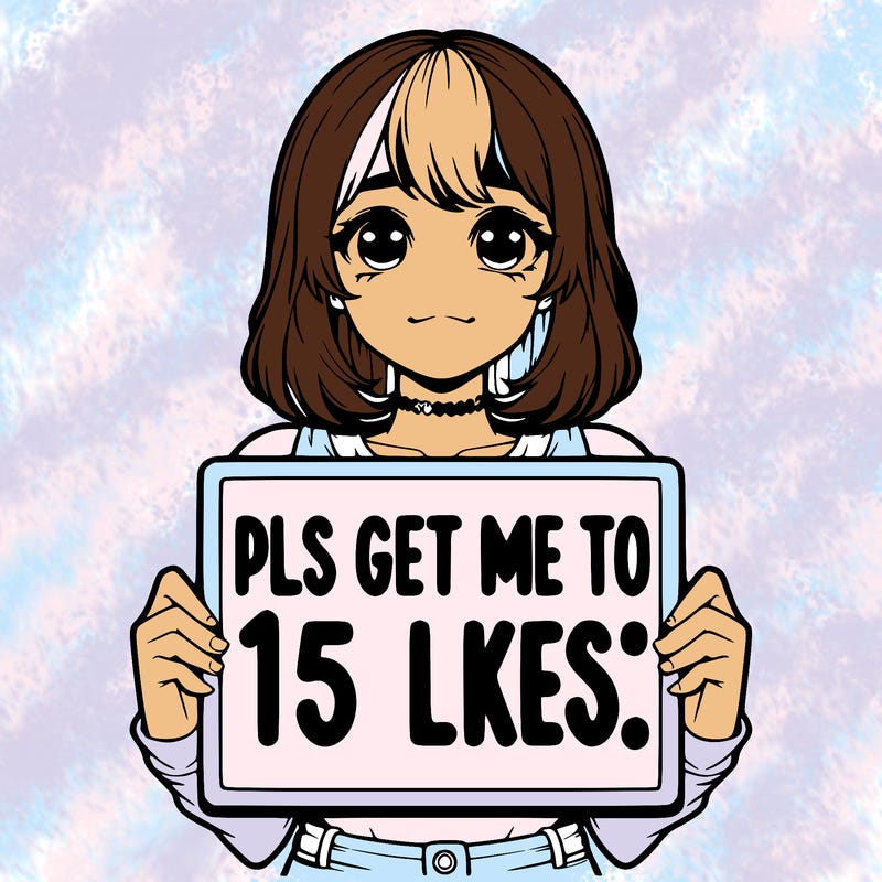 realistic girl holding up a sign that says “pls get me to 15 likes!”
